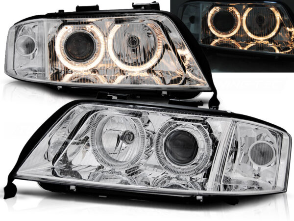 Frontlykter Audi A6 05.97-06.01 Angel Eyes Krom – bilde 1 av 2