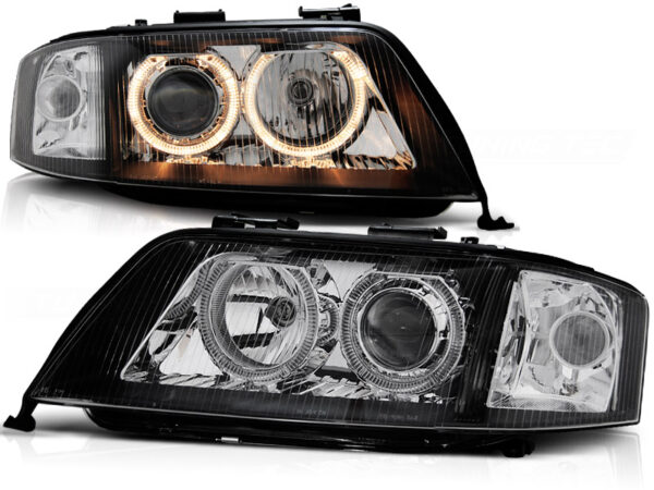 Frontlykter Audi A6 10.99-06.01 Xenon Angel Eyes Svart