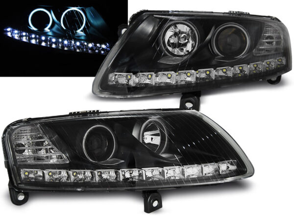 Frontlykter Audi A6 C6 04.04-08 Angel Eyes LED Svart – bilde 1 av 2