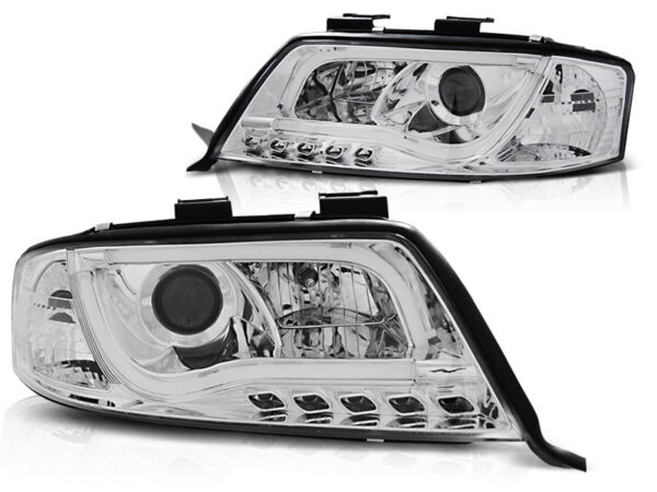 Frontlykter Audi A6 05.97-05.01 Tube Lights DRL Krom