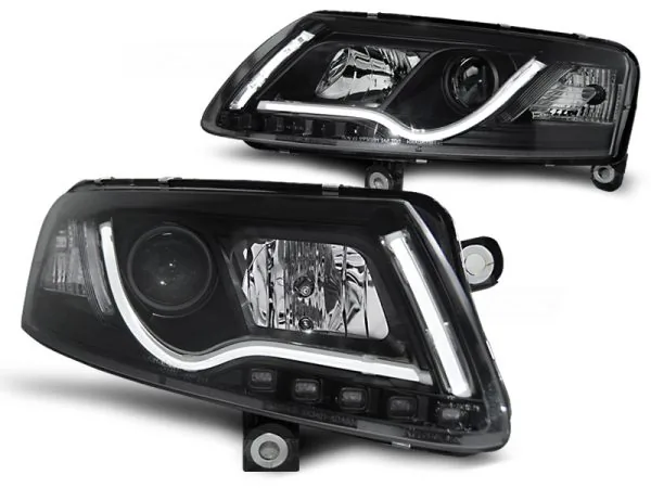 Frontlykter Audi A6 C6 04.04-08 Tube Lights DRL Svart