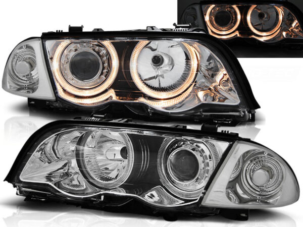 Frontlykter BMW E46 05.98-08.01 S/T Angel Eyes Krom – bilde 1 av 2
