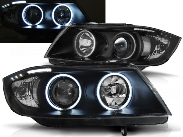 Frontlykter BMW E90/E91 03.05-08.08 Angel Eyes CCFL Svart – bilde 1 av 2