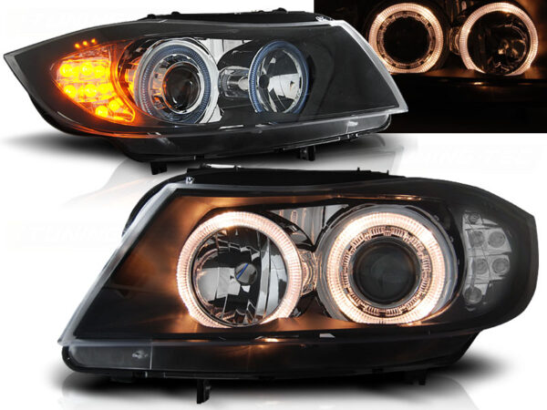 Frontlykter BMW E90/E91 03.05-08.08 Angel Eyes Svart LED Blinklys – bilde 1 av 2