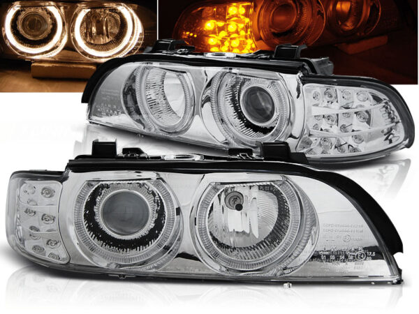 Frontlykter BMW E39 09.95-06.03 Angel Eyes Krom LED Blinklys – bilde 1 av 2