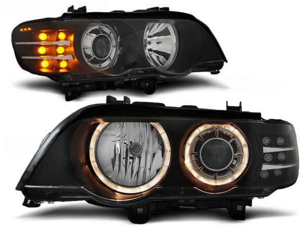Frontlykter BMW X5 E53 09.99-10.03 Angel Eyes Svart LED Blinklys