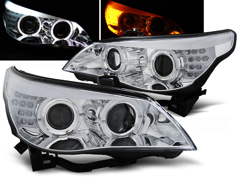 Frontlykter Bmw E60 / E61 03-07 Angel Eyes Chrome Led Blinklys