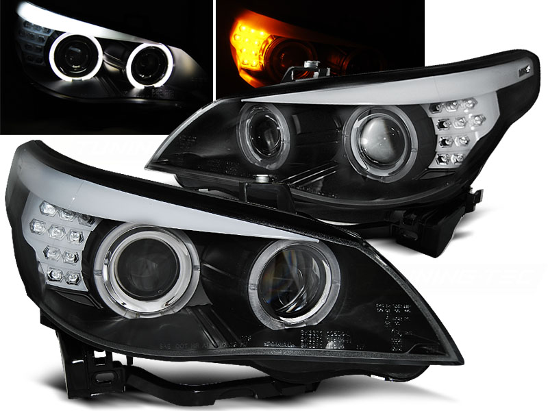 Frontlykter Bmw E60 / E61 03-07 Angel Eyes Black Led Blinklys