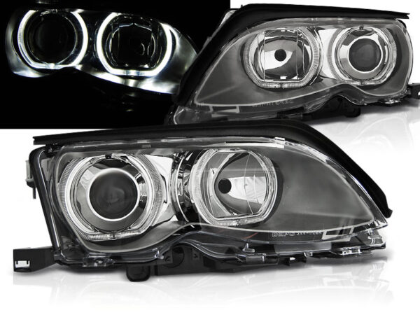Frontlykter BMW E46 09.01-03.05 Angel Eyes LED Krom – bilde 2 av 2