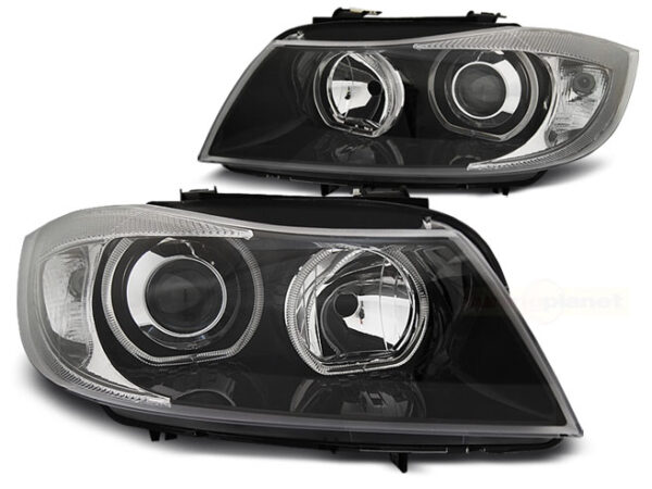 Frontlykter BMW E90 E91 05-11 Angel Eyes LED Svart