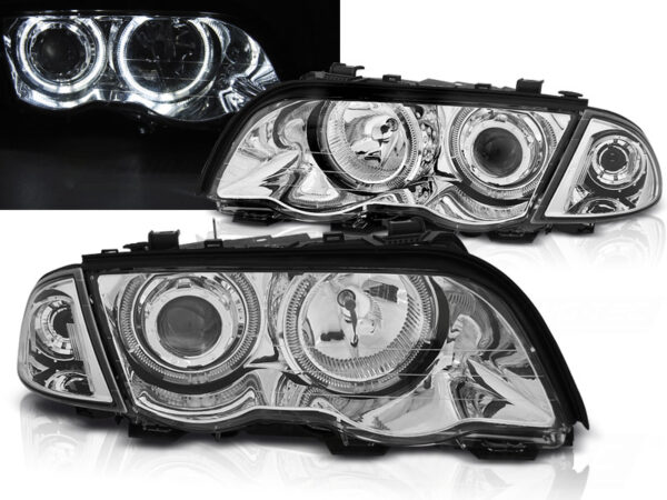 Frontlykter BMW E46 05.98-08.01 S/T Angel Eyes LED Krom – bilde 1 av 2