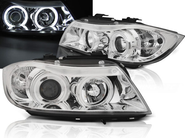 Frontlykter BMW E90/E91 03.05-08.08 Angel Eyes CCFL Krom – bilde 1 av 2