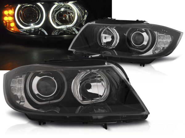 Frontlykter BMW E90/E91 03.05-11 Angel Eyes LED Blinklys Svart – bilde 1 av 5