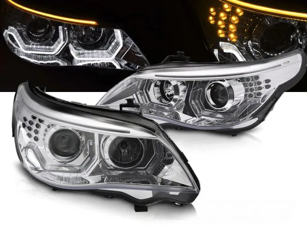 Frontlykter BMW E60 E61 03-07 Angel Eyes LED 3D Krom – for halogen – bilde 1 av 2