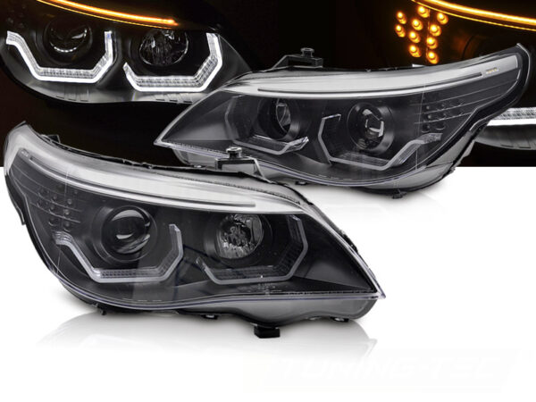 Frontlykter BMW E60 E61 03-07 Angel Eyes LED 3D Svart – for halogen – bilde 1 av 2