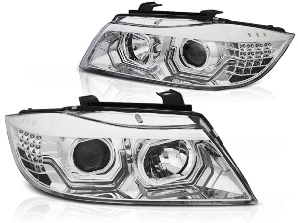 Frontlykter BMW E90/E91 05-08 Angel Eyes LED 3D Krom – bilde 2 av 2