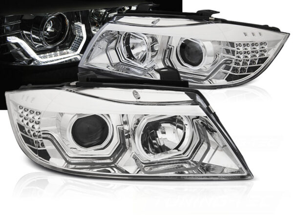 Frontlykter BMW E90/E91 05-08 Angel Eyes LED 3D Krom – bilde 1 av 2