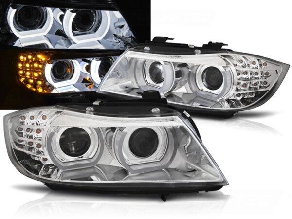 Frontlykter BMW E90/E91 09-11 Xenon Angel Eyes LED DRL Krom – uten AFS – bilde 1 av 2