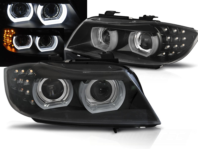 Frontlykter Bmw E90 / E91 09-11 Xenon Angel Eyes Led Drl Black