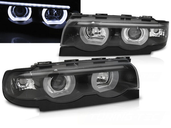 Frontlykter BMW E38 94-01 Angel Eyes LED 3D Svart – bilde 1 av 2