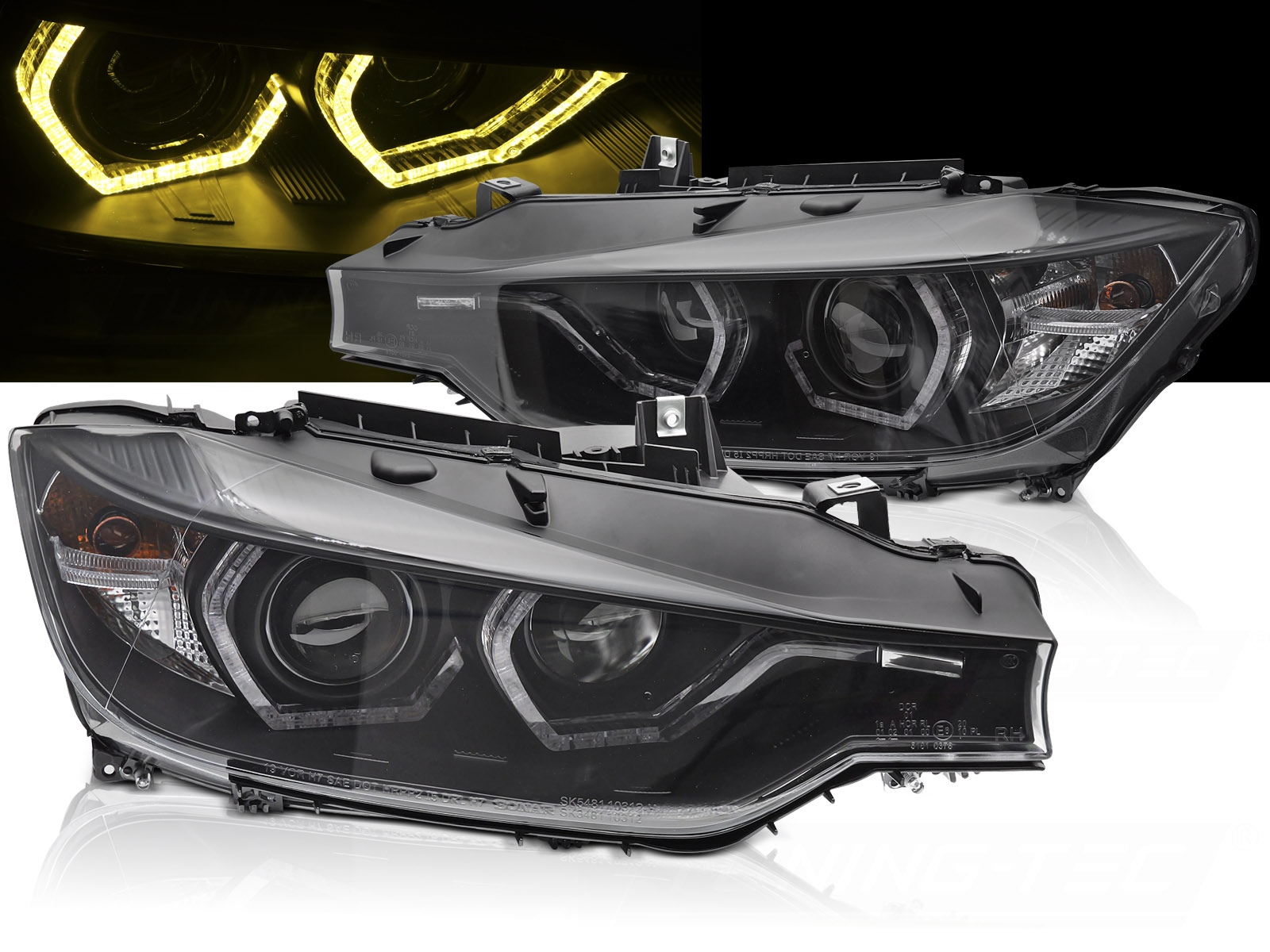 Frontlykter Bmw F30 / F31 11-15 Angel Eyes Yellow Led Drl Black