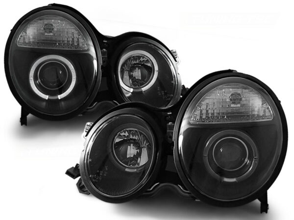 Frontlykter Mercedes W210 E-Class 06.99-02 Angel Eyes Svart