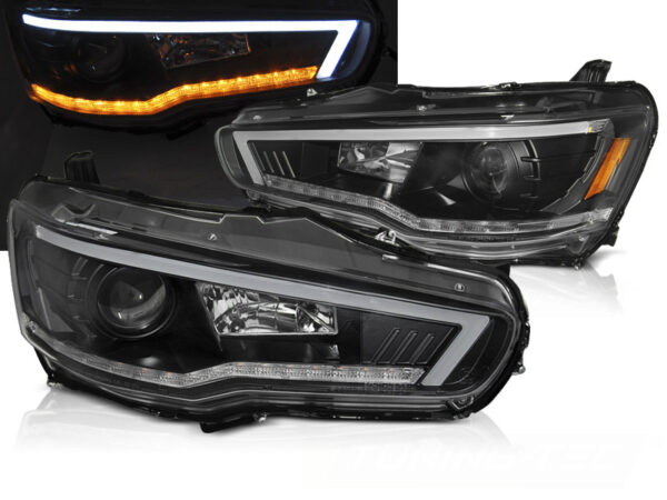 Frontlykter Mitsubishi Lancer 8 08-16 Tube Lights SEQ Svart – bilde 1 av 2