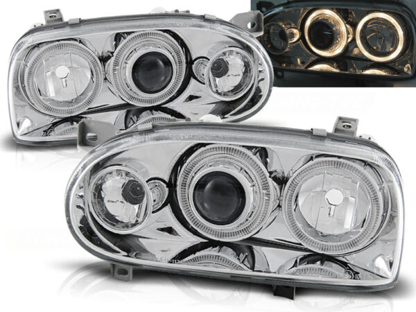 Frontlykter VW Golf 3 09.91-08.97 Angel Eyes Krom – bilde 1 av 2
