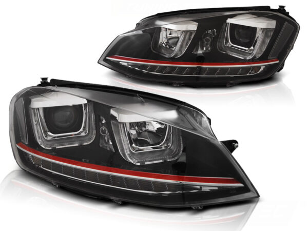 Frontlykter VW Golf VII 12-17 U-LED Light DRL Svart Rød Line – bilde 2 av 2