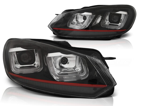 Frontlykter VW Golf 6 08-12 U-LED Light DRL Svart Rød Line – bilde 2 av 2