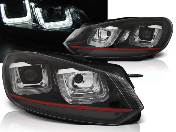 Frontlykter VW Golf 6 08-12 U-LED Light DRL Svart Rød Line – bilde 1 av 2