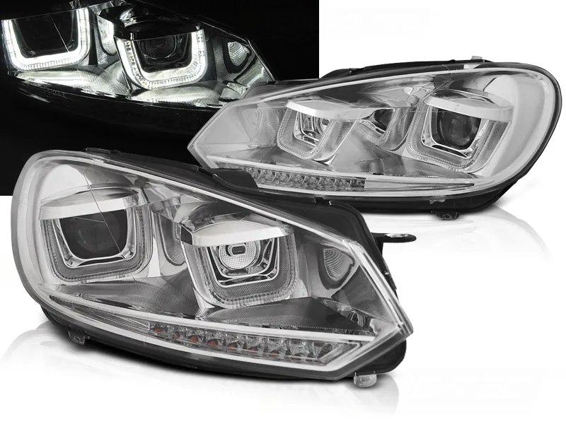Frontlykter VW Golf 6 08-12 U-Led Lys Drl Chrome Seq