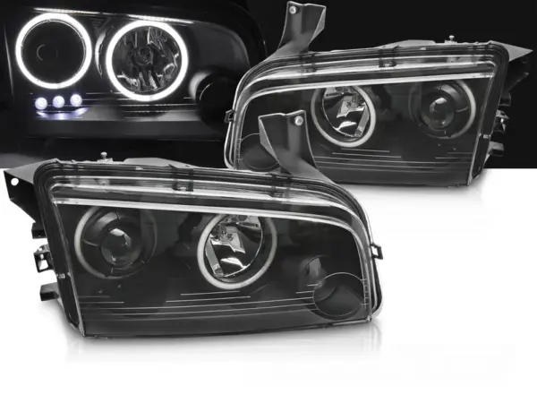 Frontlykter Dodge Charger LX 06-10 Angel Eyes Sorte – bilde 1 av 2