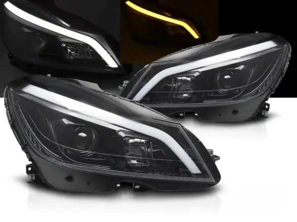 Frontlykter Mercedes W204 11-14 Rørlys LED Blanke Sorte Seq Drivl – bilde 1 av 2