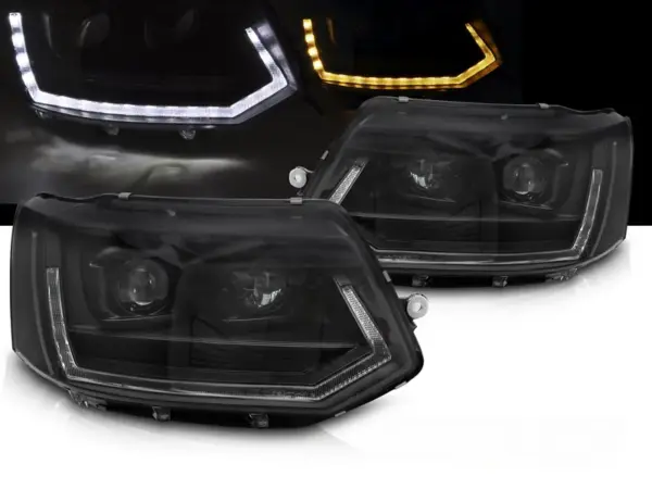 Frontlykter VW T5 10-15 Full LED-rørlys T6-look Sort Drl-sekvens – bilde 1 av 2